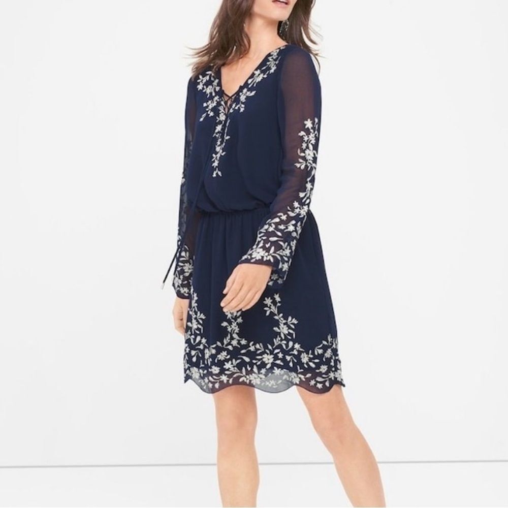 White House Black Market Womens Long Sleeve Embroidered Dress Size 6 Navy Blue